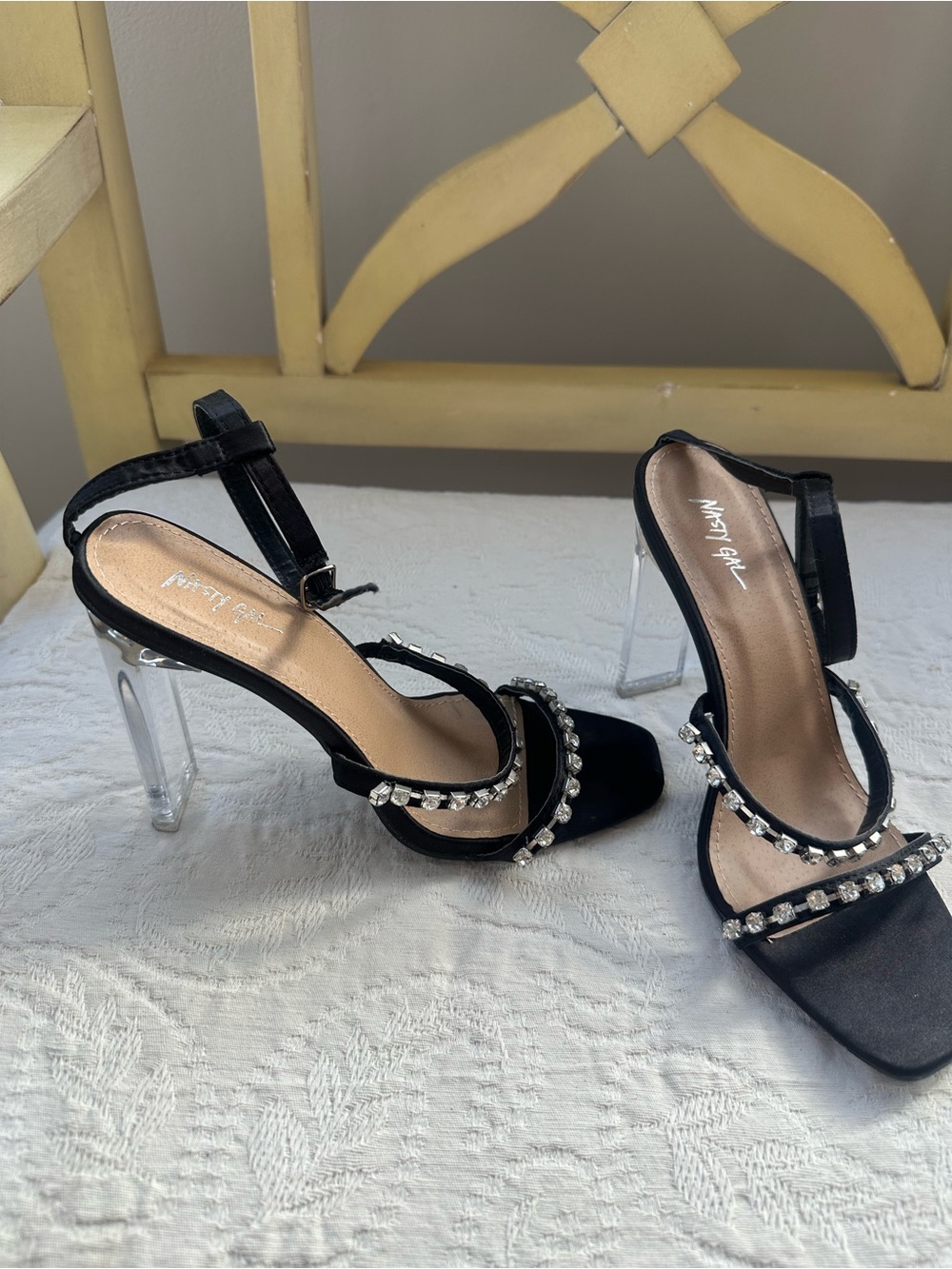 Nasty Gal Diamente Embellished Clear Block Heel Sandals